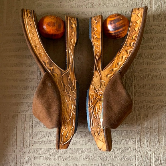 Anthropologie Shoes - Anthropologie boho wood platform wedge slides sandals groovy
